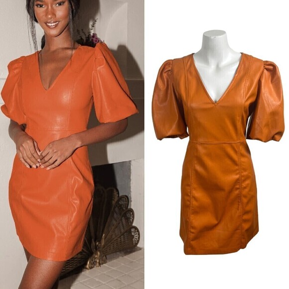 Lulus Play a Tune Size L Rust Orange Vegan Leather Puff Sleeve Mini Party Dress - Picture 12 of 12